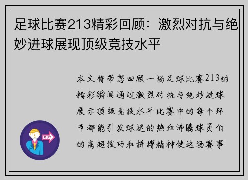 足球比赛213精彩回顾：激烈对抗与绝妙进球展现顶级竞技水平