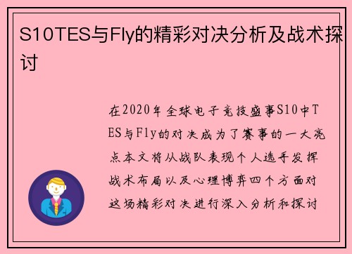 S10TES与Fly的精彩对决分析及战术探讨